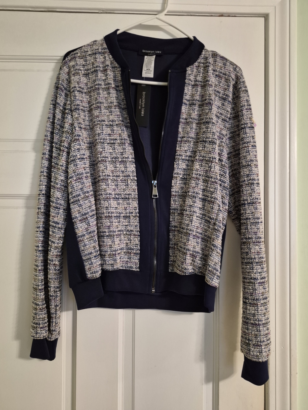 Brooks Brothers Navy and Tweed Zip-Front Bomber Jacket